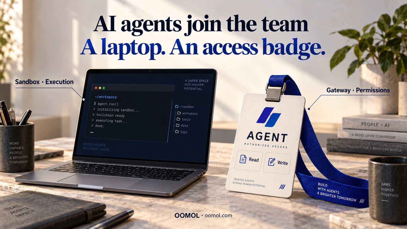 A laptop and an access badge represent an agent’s execution environment and authorized access to company applications