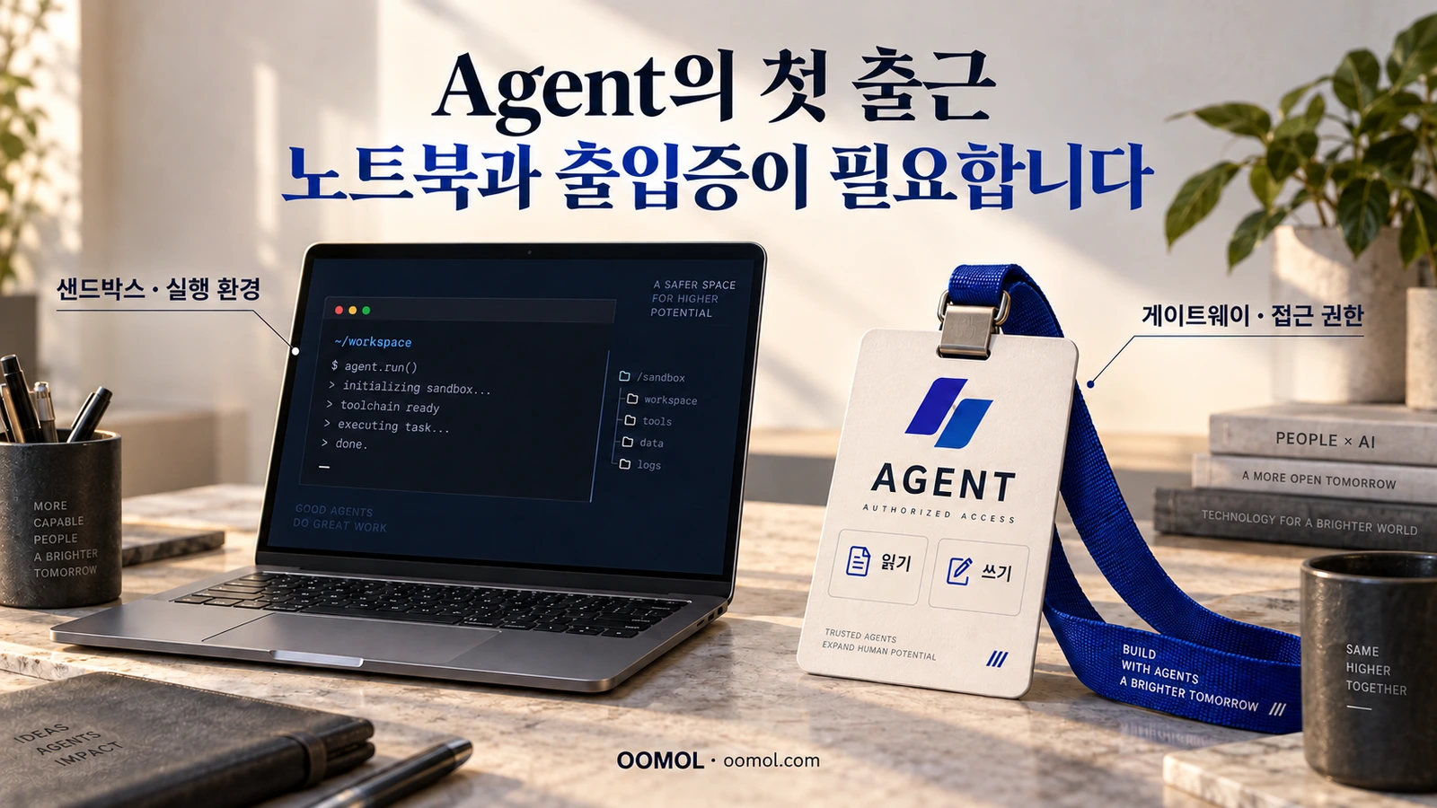 노트북은 Agent의 실행 환경을, 출입증은 기업 애플리케이션 접근 권한을 나타냅니다