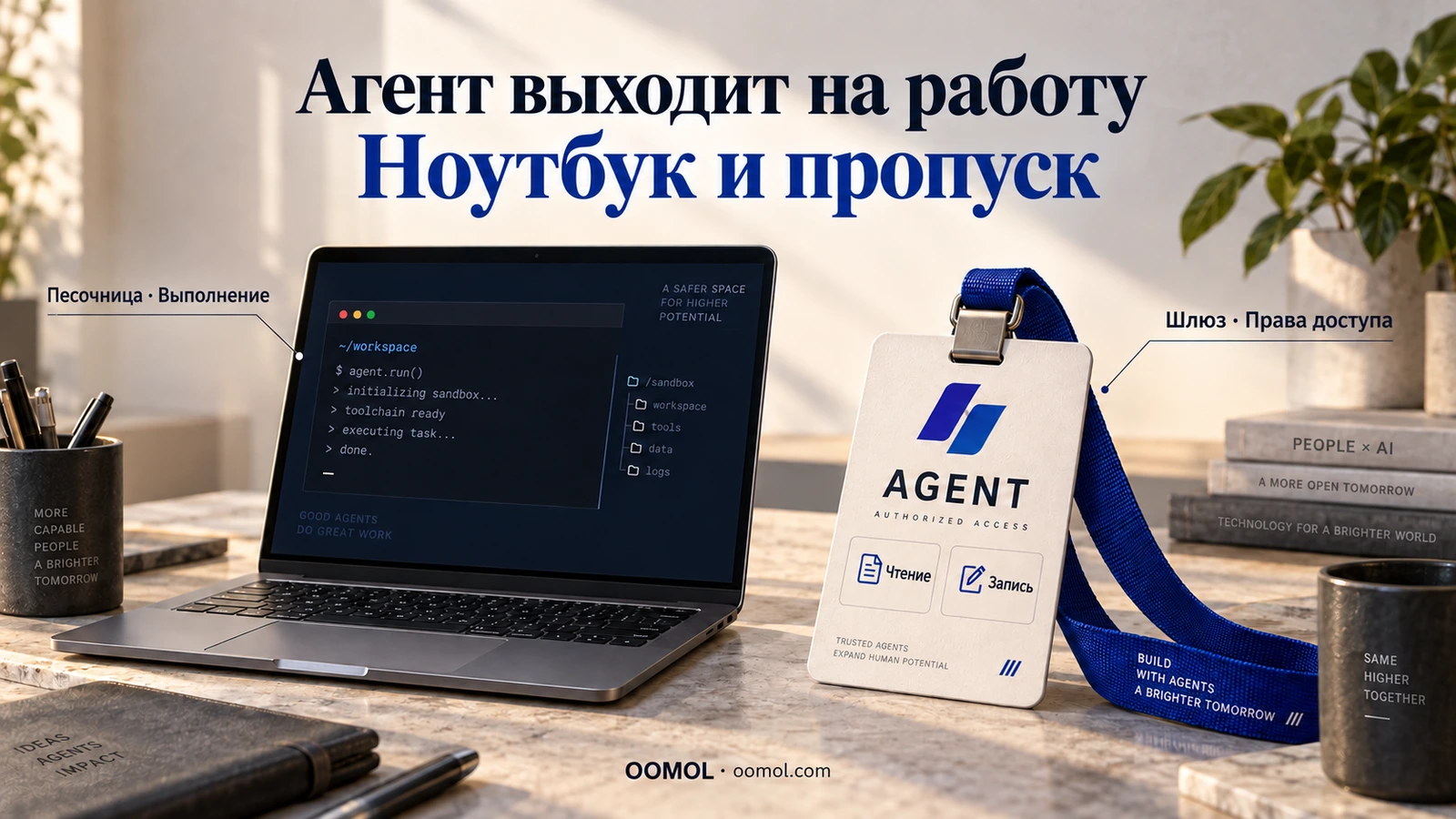 Ноутбук обозначает среду выполнения агента, а пропуск — права доступа к приложениям компании