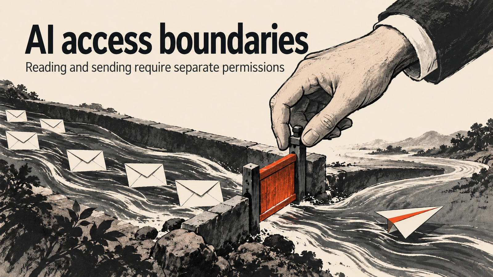 A hand controls a gate in a stream of mail and outgoing messages, illustrating AI access boundaries