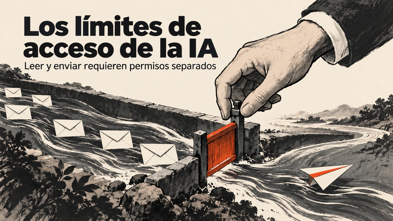 Una mano controla una compuerta en un flujo de correo y mensajes salientes, mostrando los límites de acceso de la IA