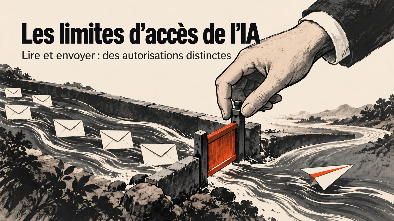 Une main contrôle une barrière dans un flux d’e-mails et de messages sortants, illustrant les limites d’accès de l’IA