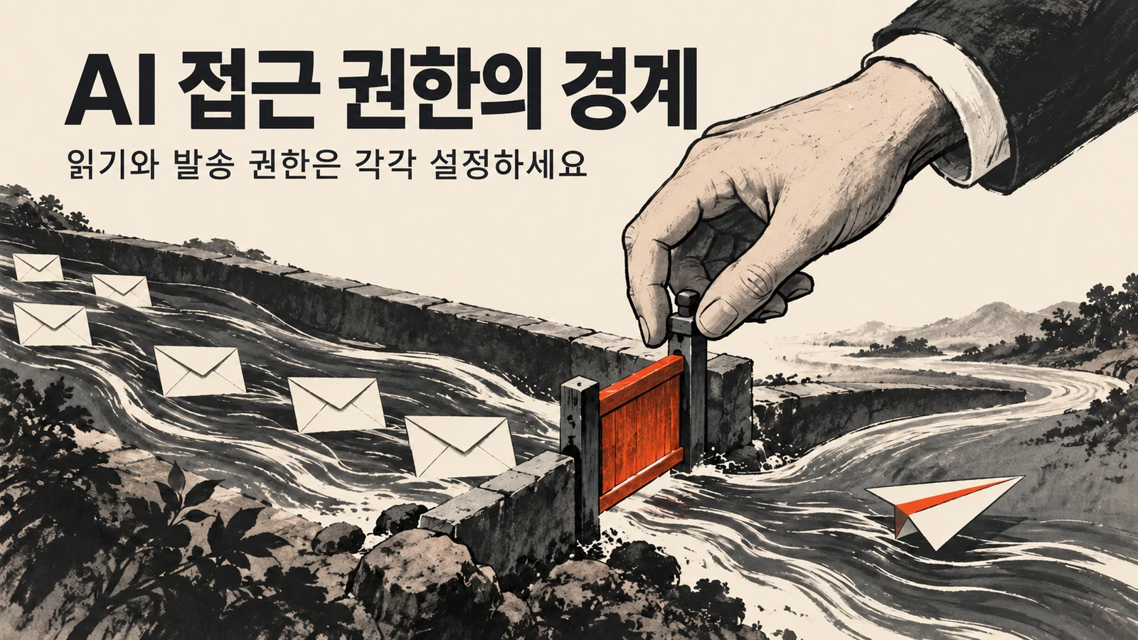 손이 메일과 발송 메시지의 흐름 속 문을 조절하며 AI 접근 권한의 경계를 보여 줍니다
