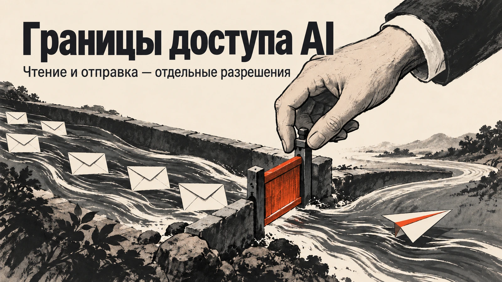 Рука управляет воротами в потоке писем и исходящих сообщений, показывая границы доступа AI