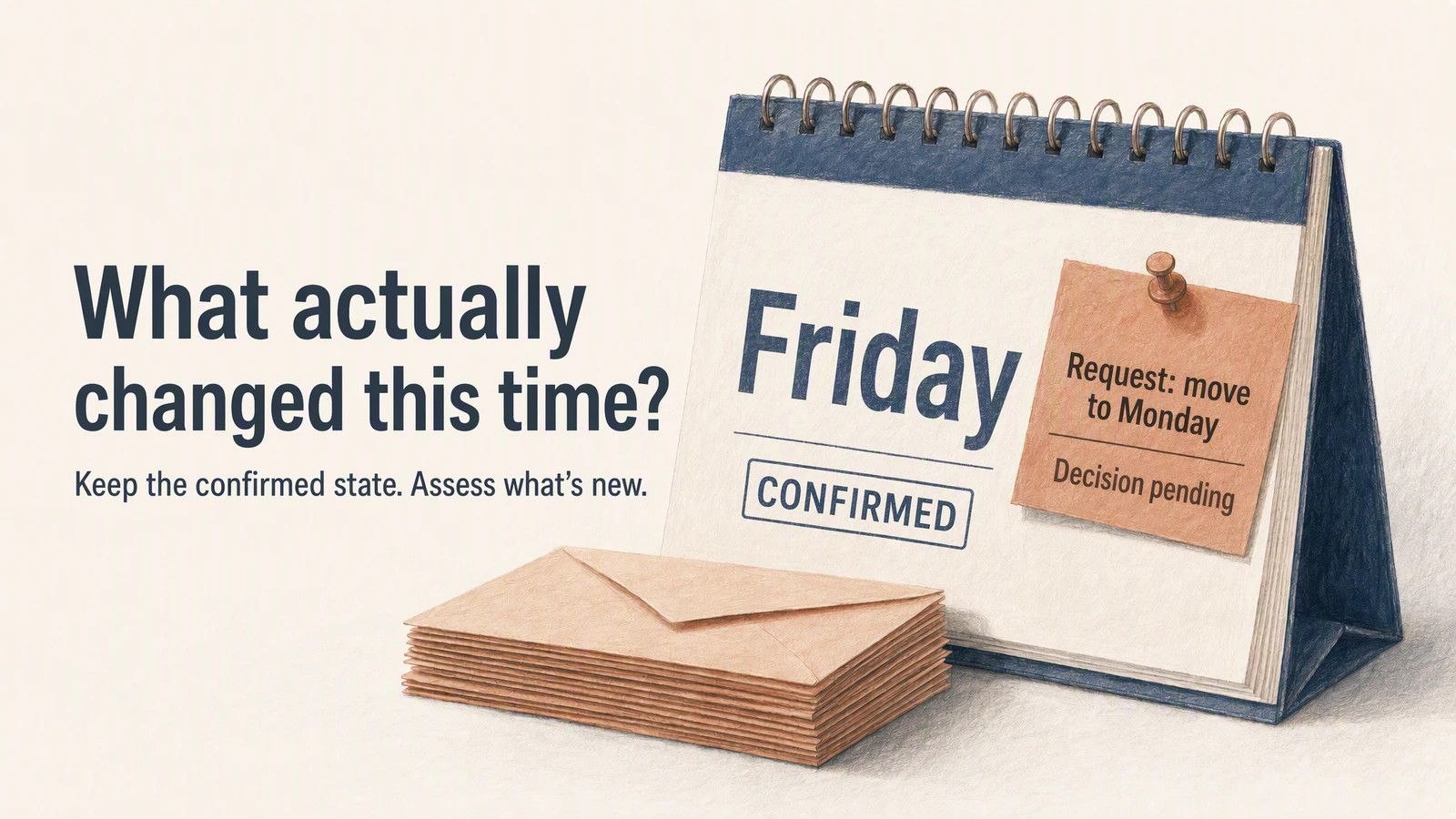 The calendar retains the confirmed Friday delivery; the request to move it to Monday is still pending a decision