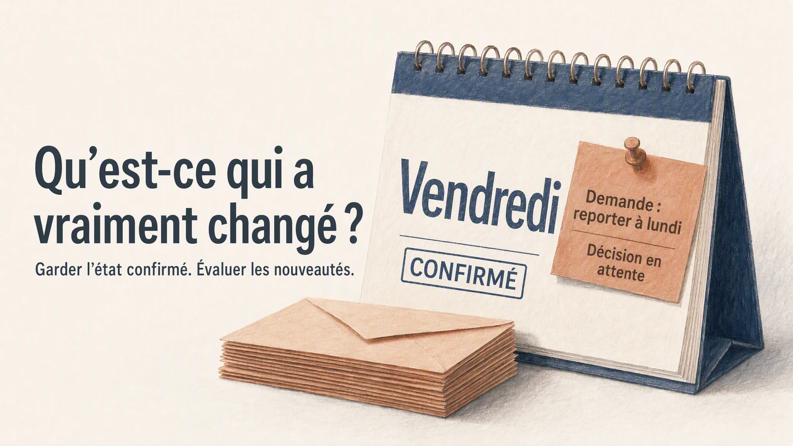 Le calendrier conserve la livraison du vendredi déjà confirmée ; la demande de report au lundi reste à décider