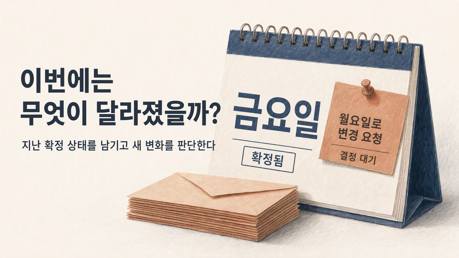 달력은 확정된 금요일 납품을 유지하고, 월요일로 변경 요청은 아직 결정을 기다리고 있음
