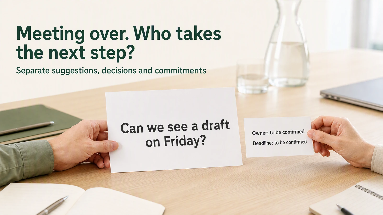 A request for a Friday first draft in the meeting notes, with the owner and deadline on the adjacent task card still awaiting confirmation