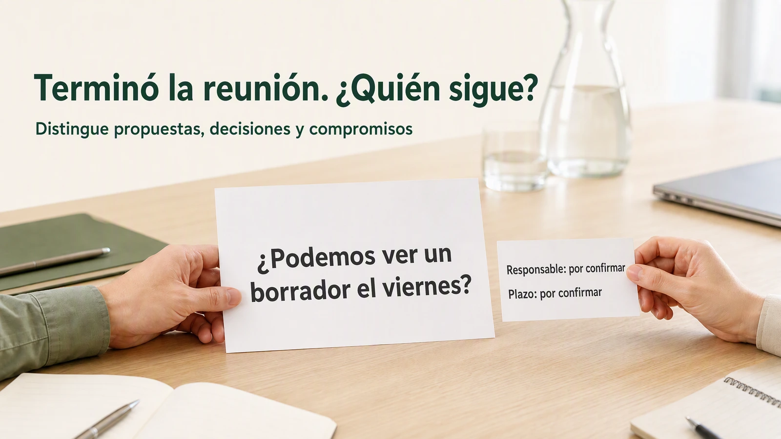 Solicitud de un borrador para el viernes en las notas de una reunión, junto a una lista de tareas cuyo responsable y plazo aún están por confirmar