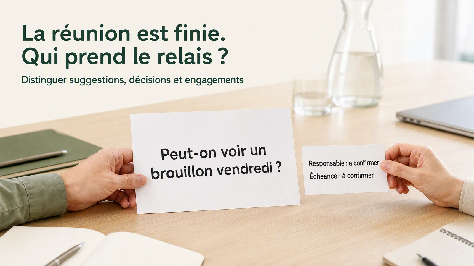 Demande de première version pour vendredi dans les notes de réunion, à côté d'une fiche de tâche dont le responsable et l'échéance restent à confirmer
