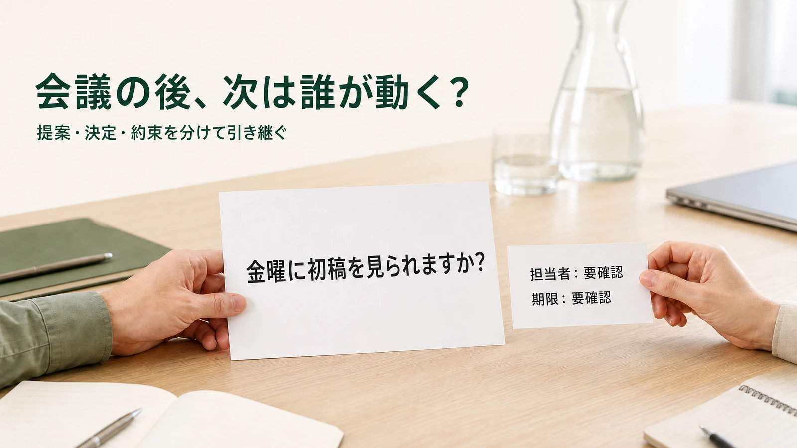 会議メモにある金曜日の初稿依頼、隣のタスク票の担当者と期限はまだ確認待ち