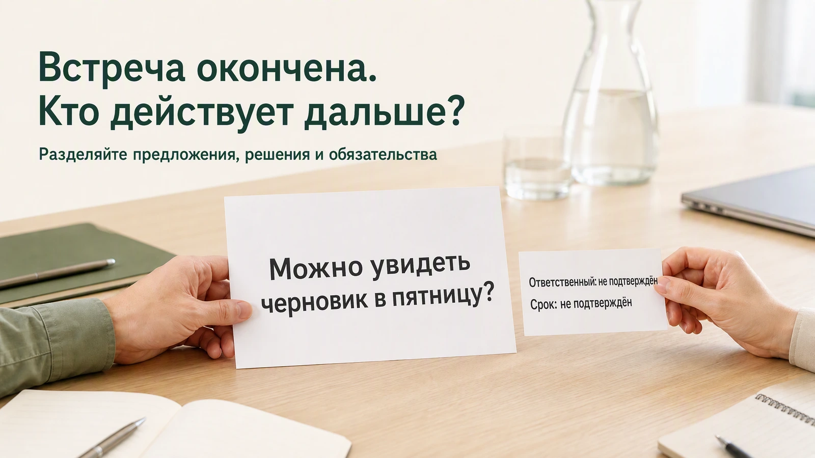 Запрос на черновик к пятнице в заметках со встречи; рядом в карточке задачи ответственный и срок ещё не подтверждены
