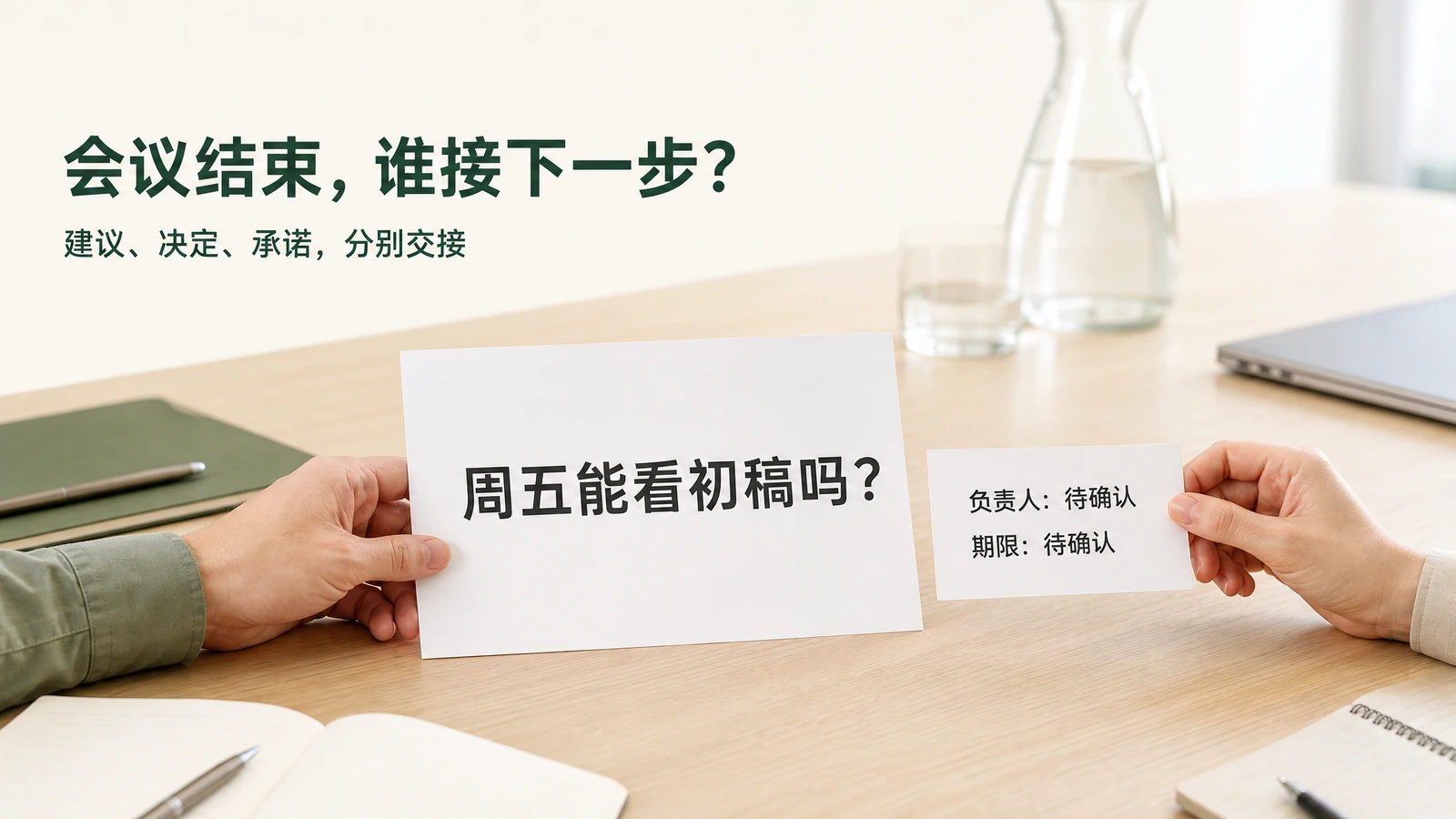 会议笔记中的周五初稿请求，旁边任务单的负责人和期限仍待确认