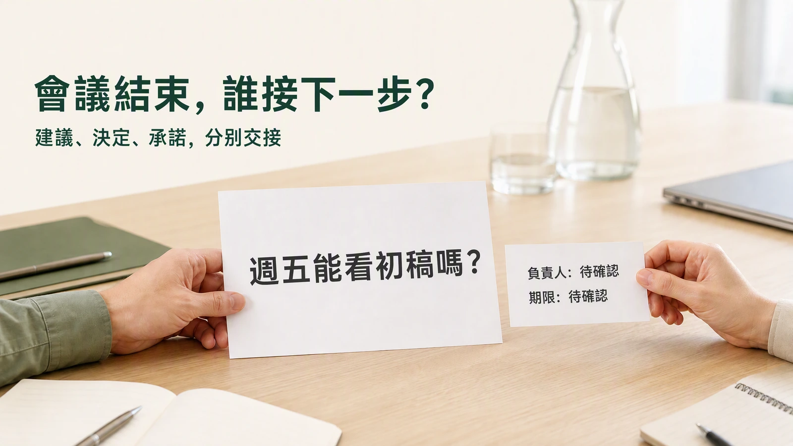 會議筆記中的週五初稿請求,旁邊任務單的負責人和期限仍待確認