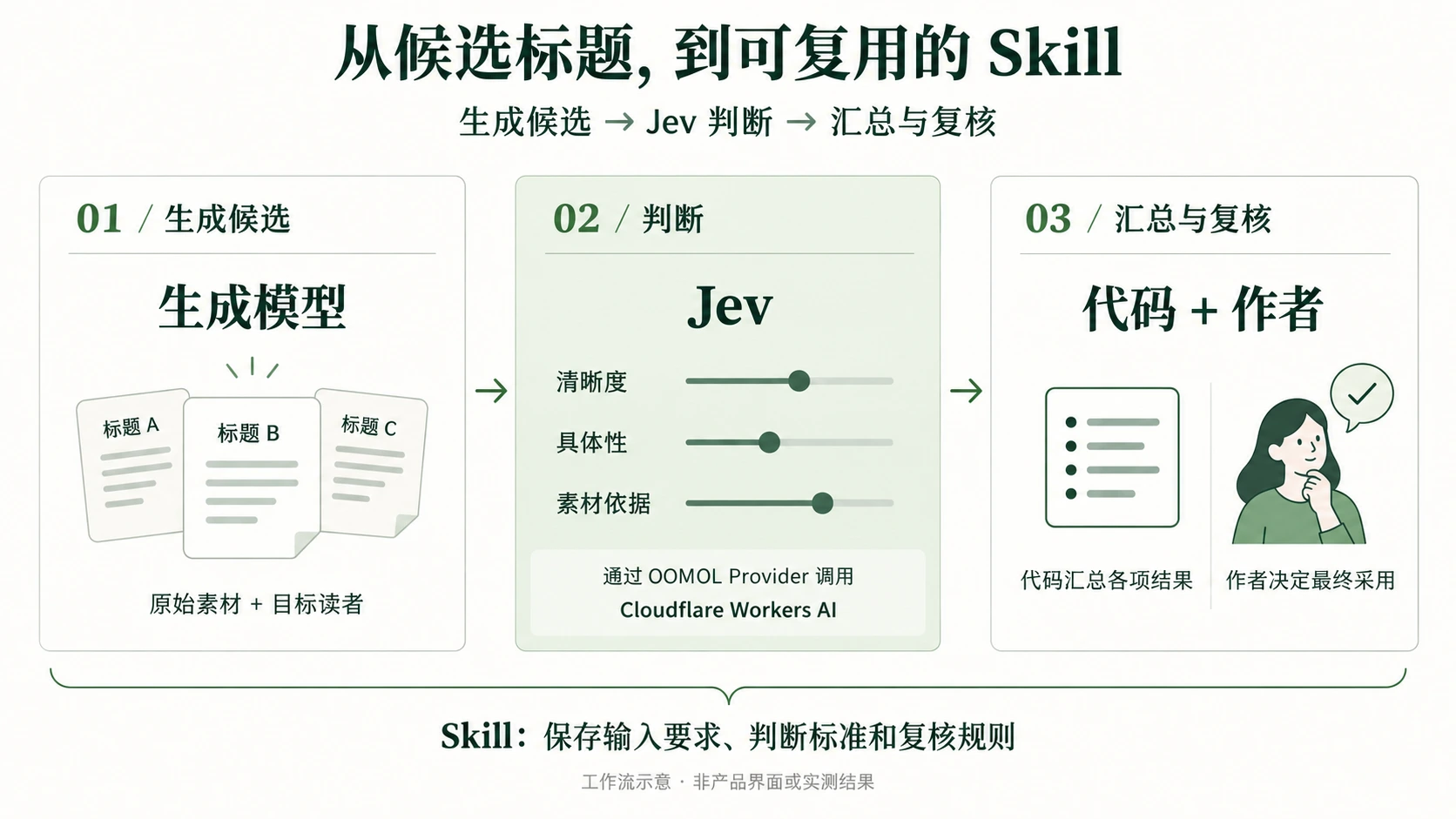 标题评审流程：生成模型提出候选，通过 OOMOL Provider 调用 Jev 判断，代码汇总并由作者复核；Skill 保存整个流程的输入要求、判断标准和复核规则