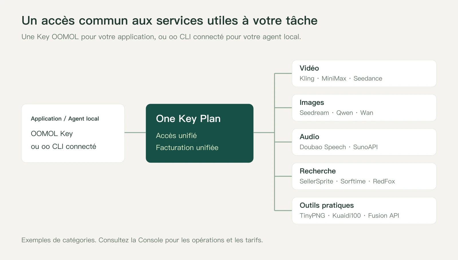 One Key Plan donne accès aux services vidéo, image, audio, recherche et outils depuis une application ou un agent local