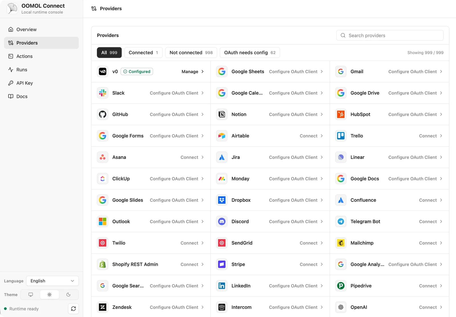 OpenConnector's provider catalog, with account connection and OAuth configuration controls