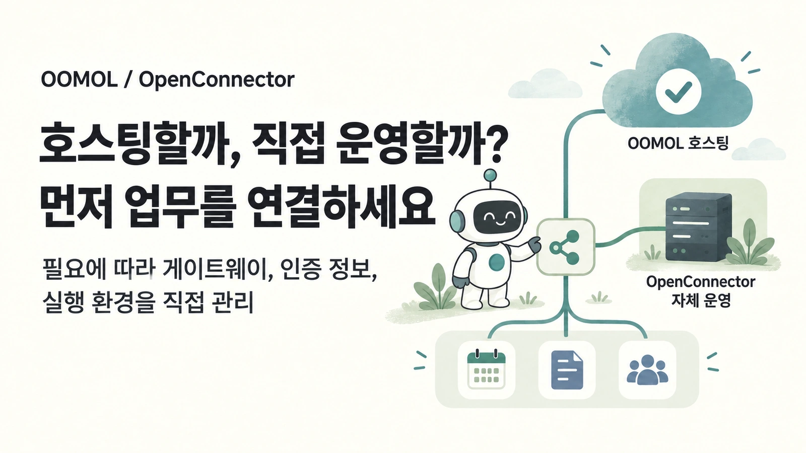 OOMOL 호스팅과 OpenConnector 자체 운영의 두 가지 연결 방식. 먼저 업무 연동을 구현하고 필요에 따라 실행 환경을 직접 관리