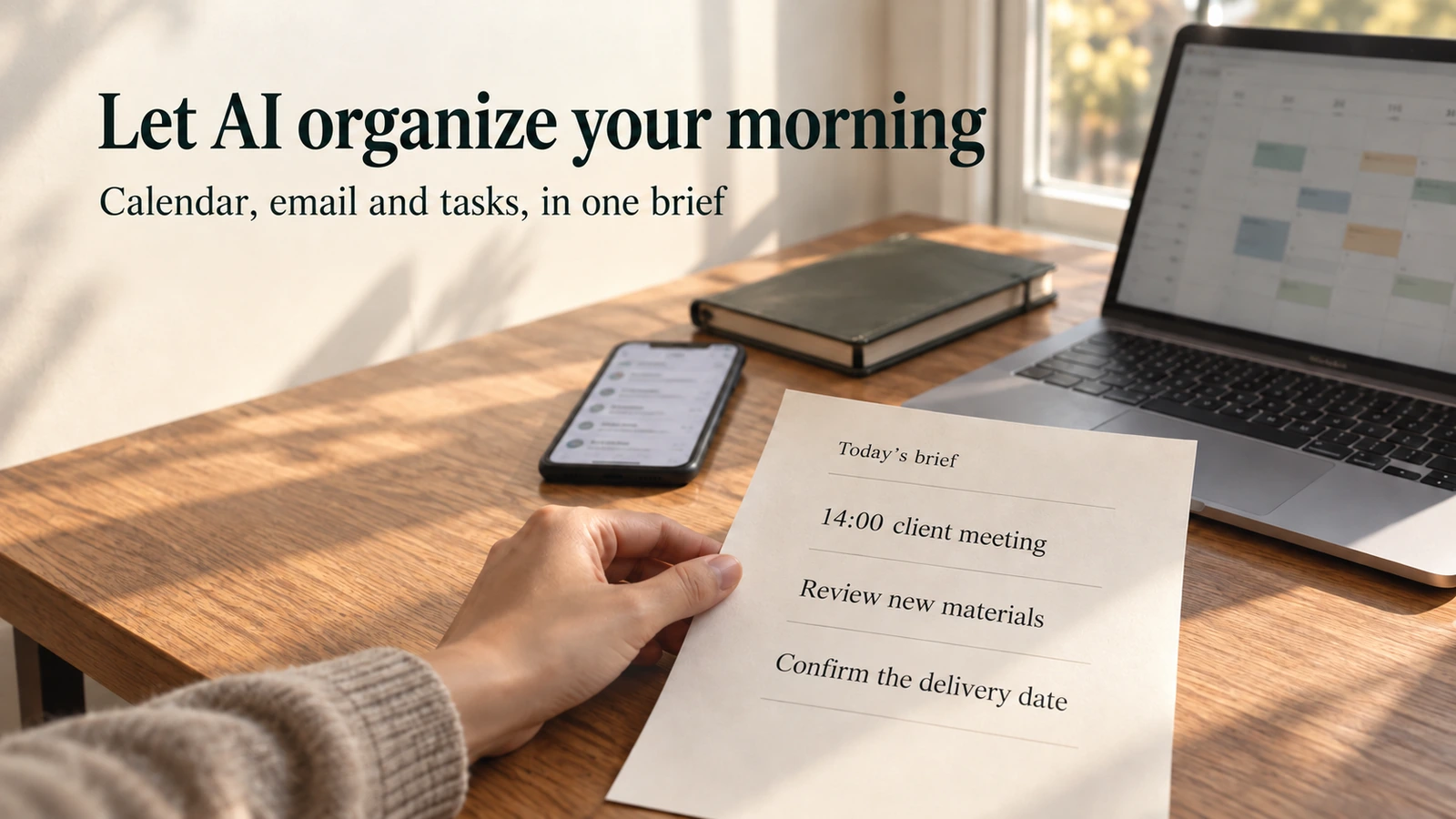 Calendar, email and tasks become a brief held at a sunlit work table