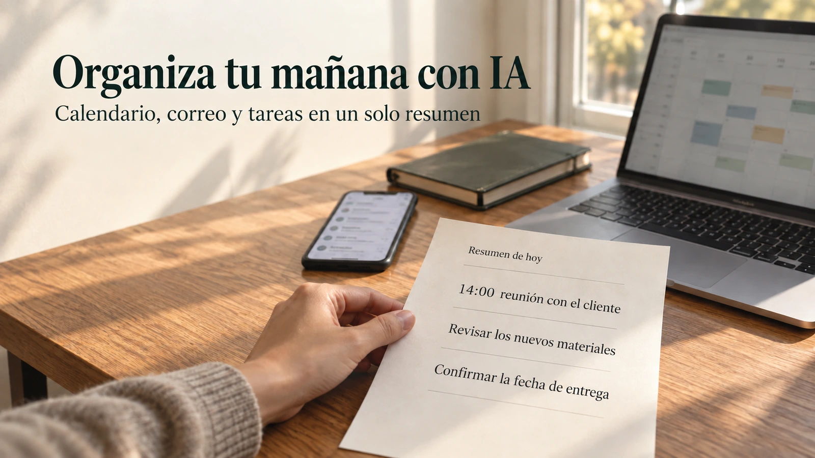 En una mesa iluminada por el sol de la mañana, calendario, correo y tareas se convierten en un resumen sostenido en la mano