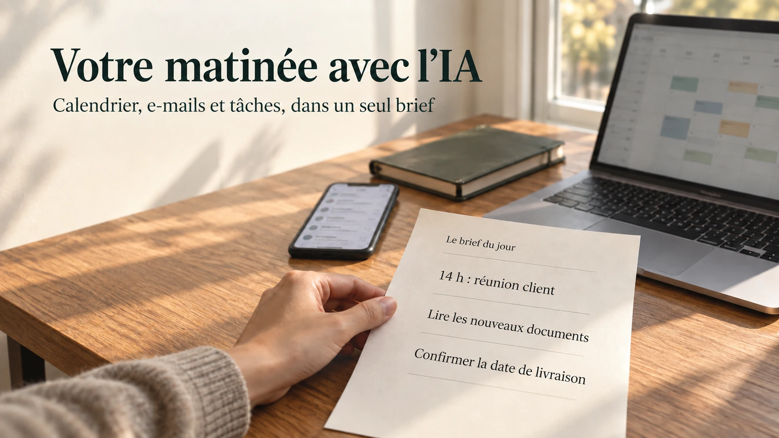 Sur un bureau éclairé par le soleil du matin, calendrier, e-mails et tâches deviennent un brief tenu à la main