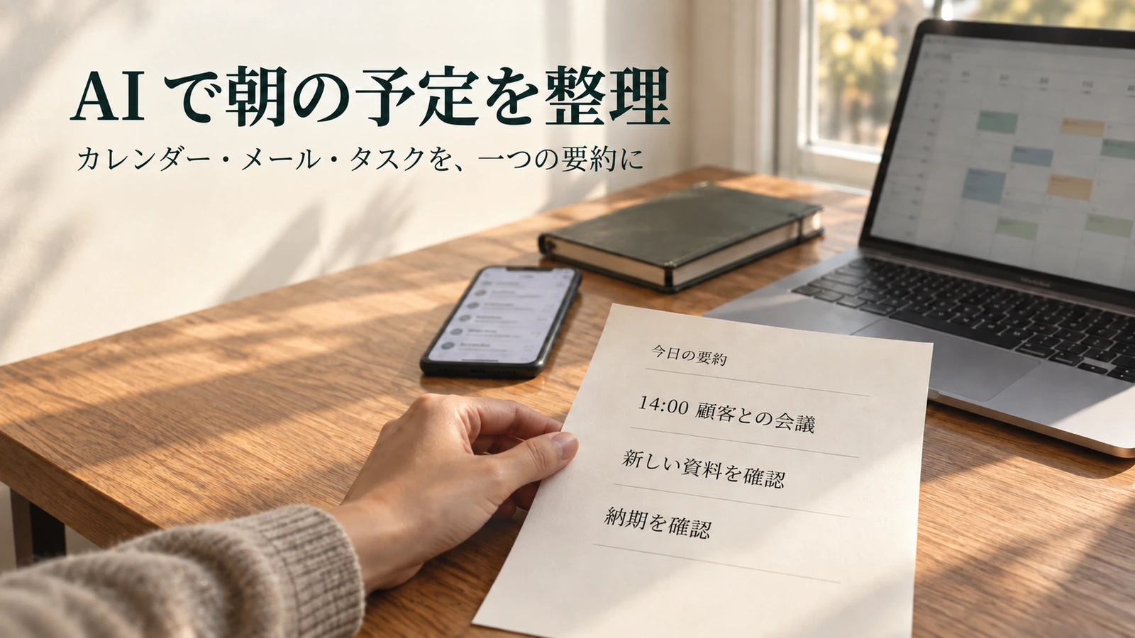 朝日に照らされた机で、カレンダー・メール・タスクから作られた要約を手に取る
