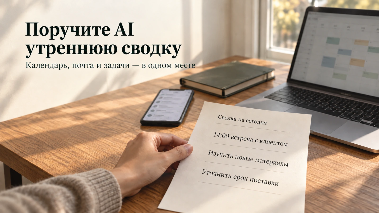 На освещённом утренним солнцем столе календарь, почта и задачи превращаются в сводку в руке