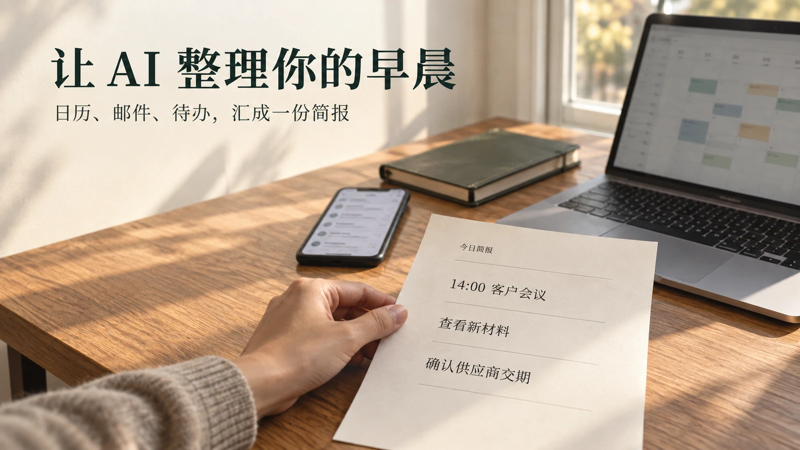 晨光下的工作桌上，日历、邮件与待办汇成手中的当天简报