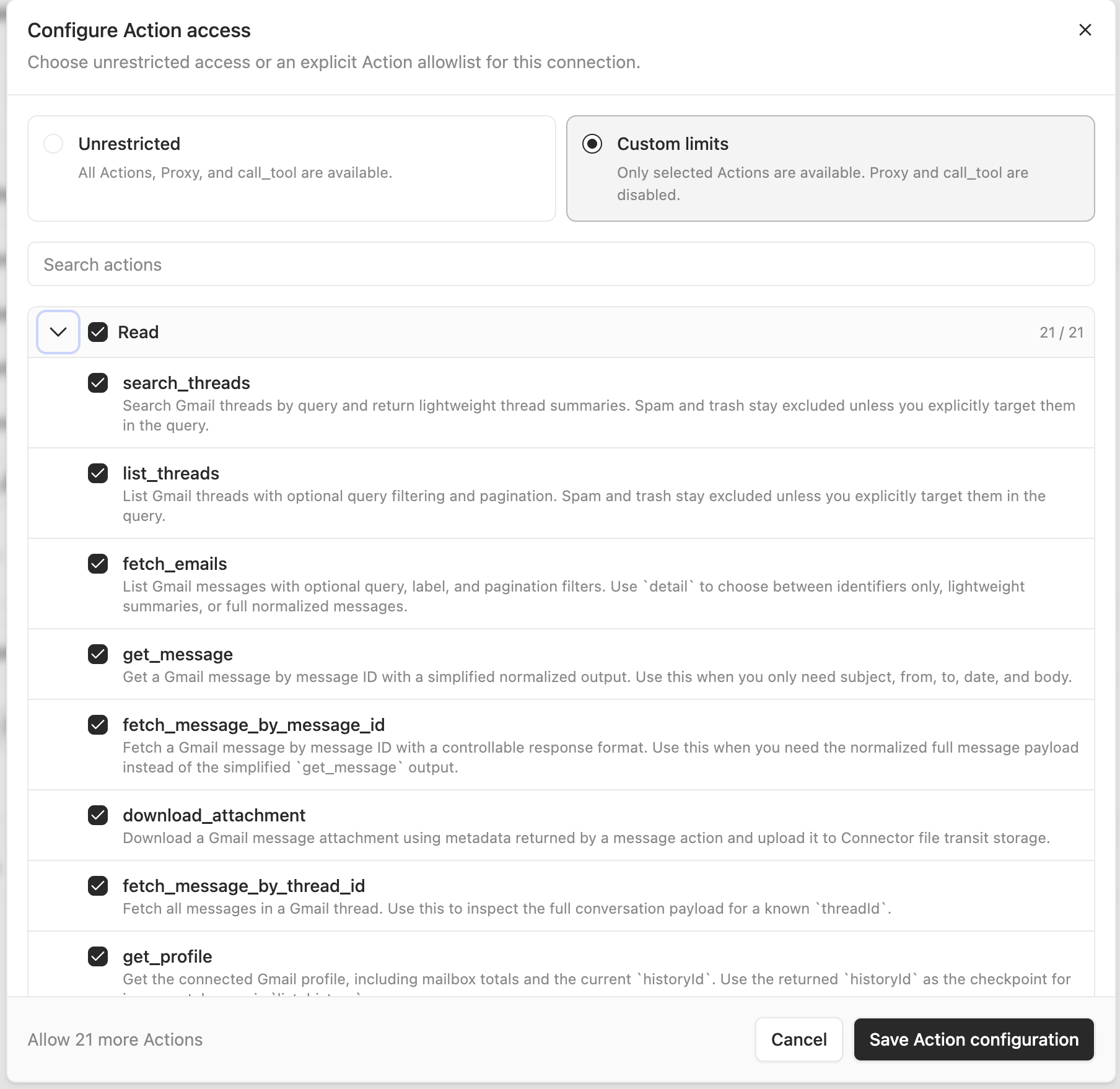 Configure Action access dialog with Unrestricted and Custom limits options and grouped action allowlist controls
