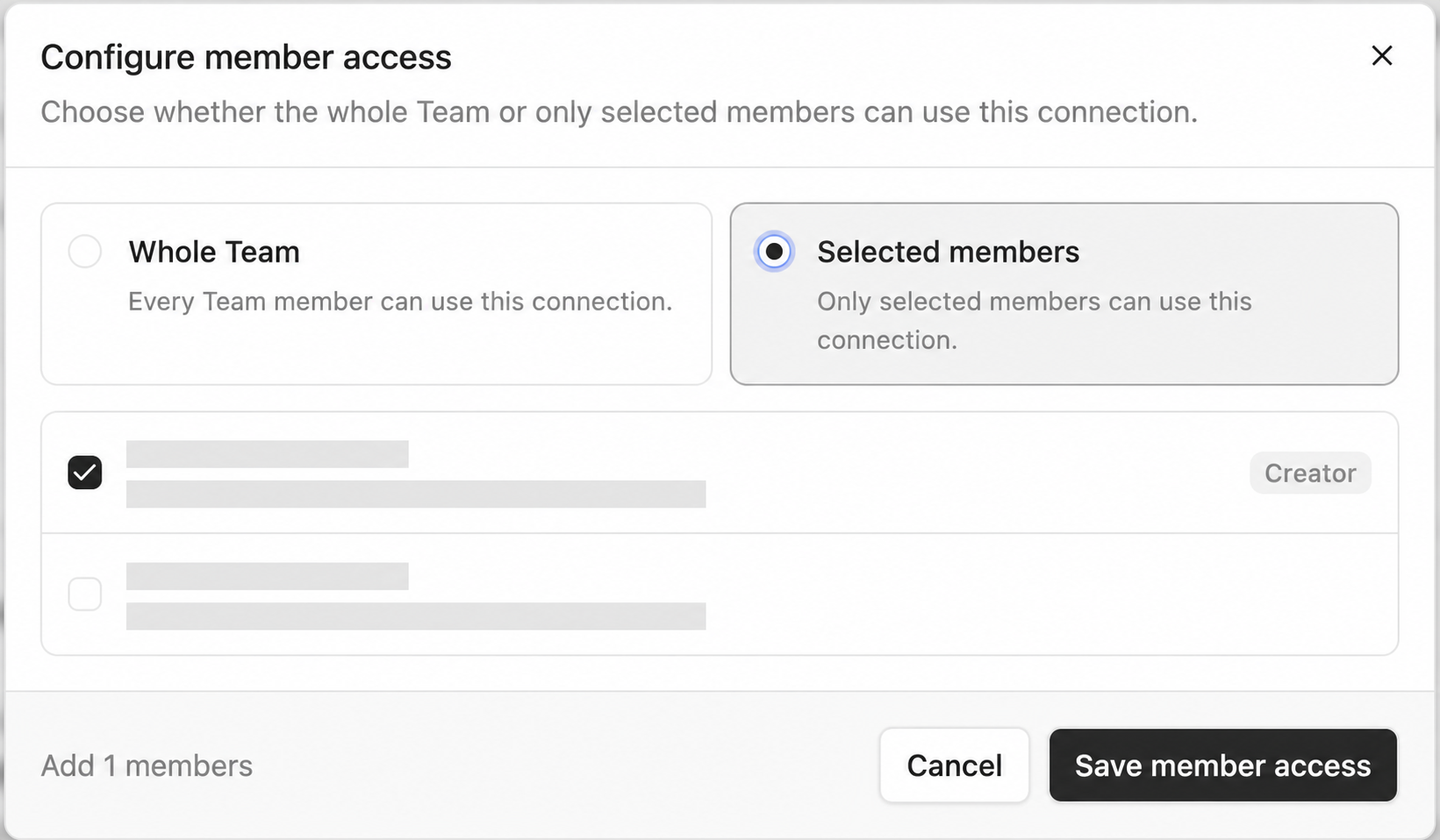 Configure member access dialog with Whole Team and Selected members options and member selection controls