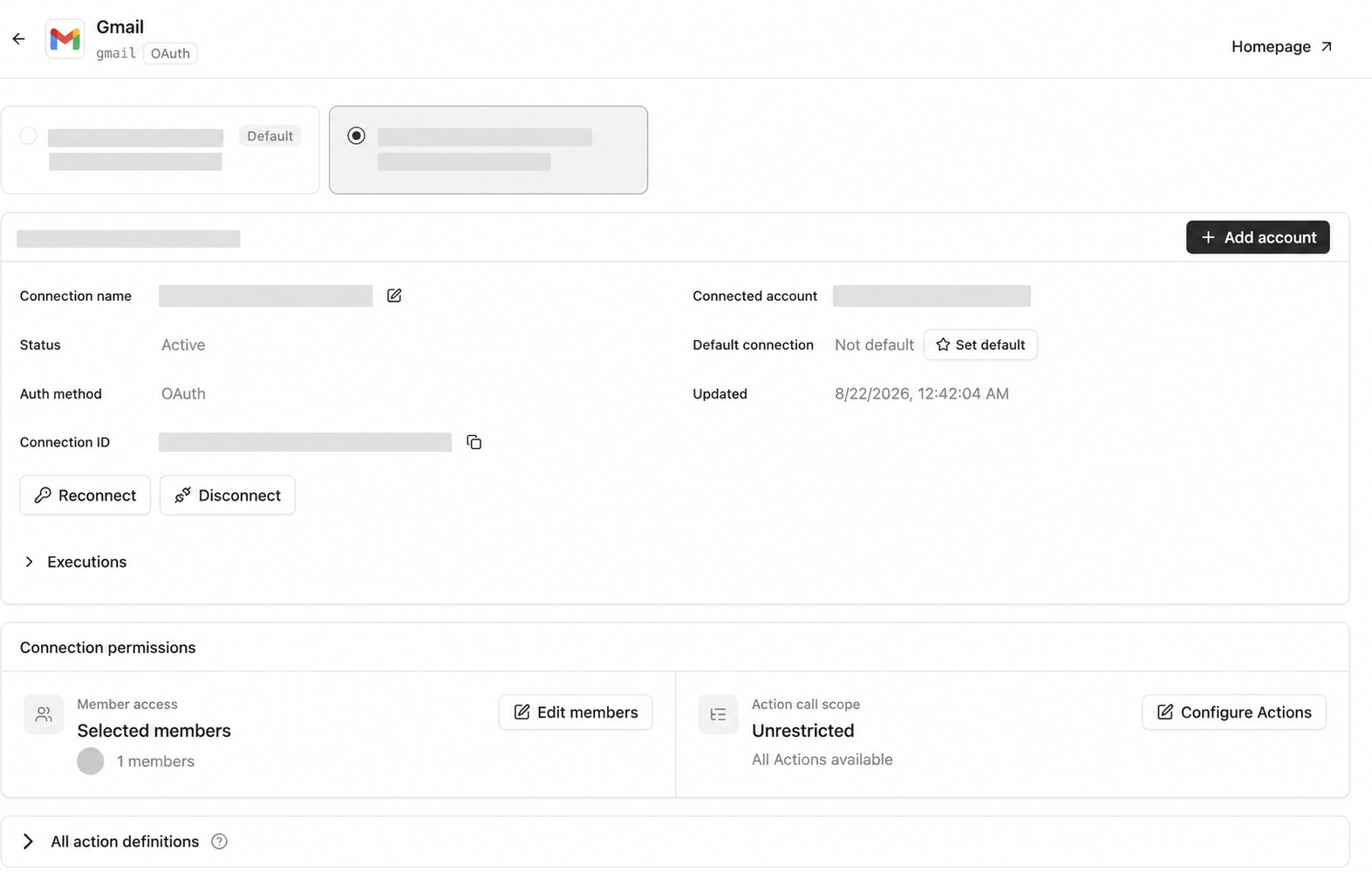 The same Gmail account connected twice, with member access and action call scope configured independently for each connection