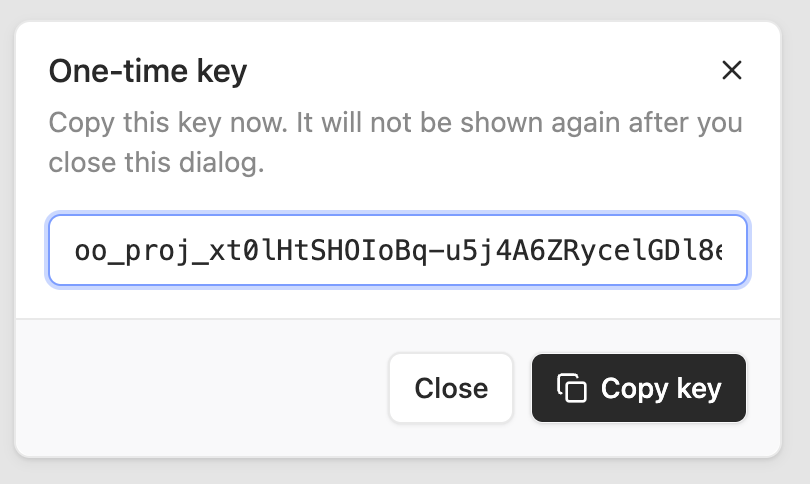 One-time key dialog that warns the full key will not be shown again