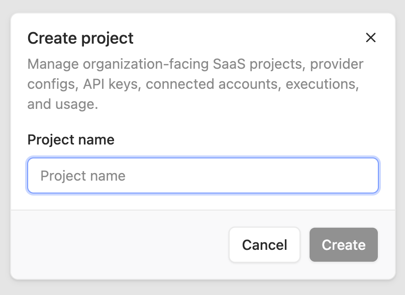 Create project dialog with the Project name field and Create button