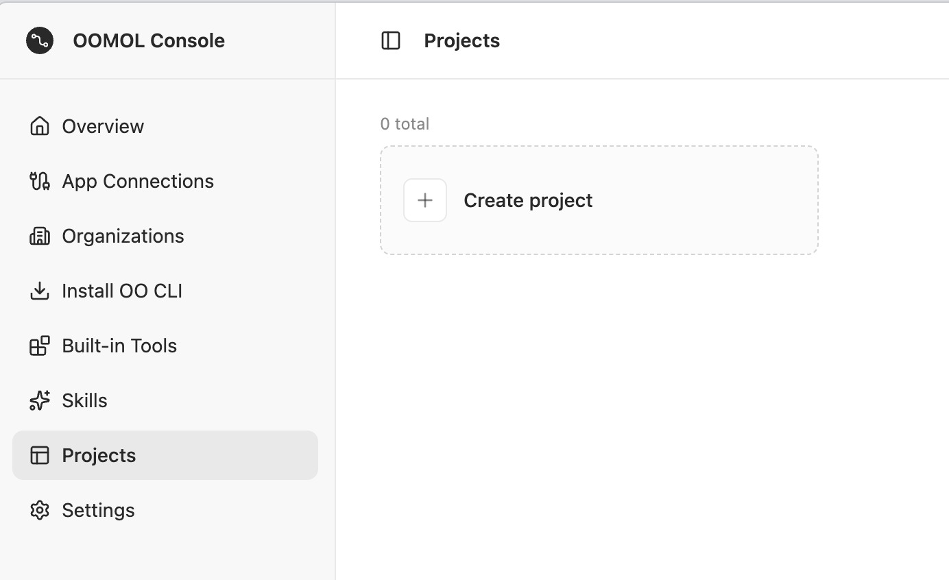 OOMOL Console Projects page with a Create project entry in the main panel