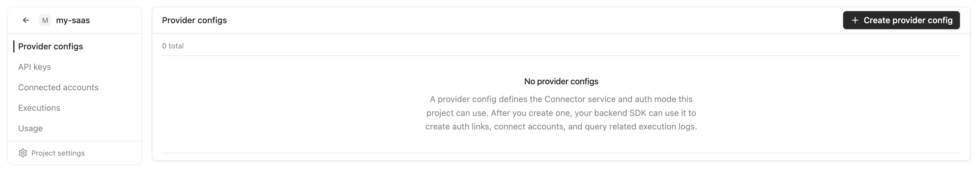 Project provider configs page with the Create provider config button