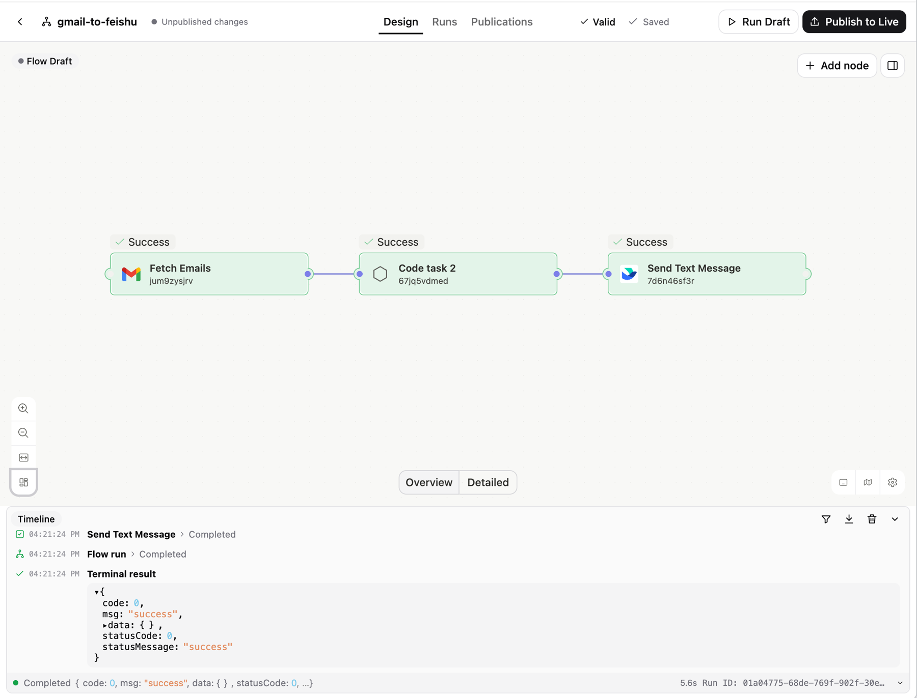 Open Flow Workbench showing a Gmail-to-Feishu workflow, connected nodes, and successful run results.